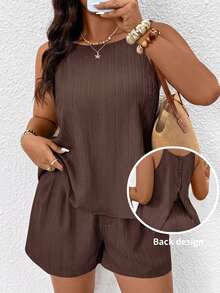 SHEIN Frenchy Plus Size Casual Solid Color Slit Camisole & Shorts 2 Pieces Set - Brown - View 8
