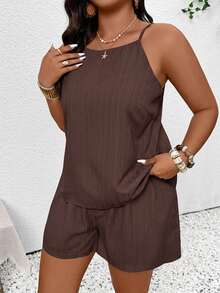 SHEIN Frenchy Plus Size Casual Solid Color Slit Camisole & Shorts 2 Pieces Set - Brown - View 2