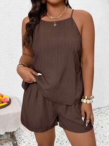 SHEIN Frenchy Plus Size Casual Solid Color Slit Camisole & Shorts 2 Pieces Set - Brown - View 6
