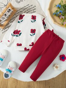 SHEIN Vintaside Kids 女嬰秋冬花卉印花羅紋圓領運動衫與羅紋內搭褲套裝，舒適時尚橘紅色可愛風 - 酒紅色 - 查看 2