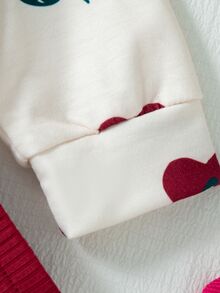 SHEIN Vintaside Kids 女嬰秋冬花卉印花羅紋圓領運動衫與羅紋內搭褲套裝，舒適時尚橘紅色可愛風 - 酒紅色 - 查看 5