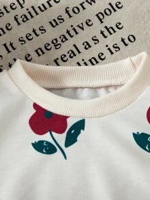 SHEIN Vintaside Kids 女嬰秋冬花卉印花羅紋圓領運動衫與羅紋內搭褲套裝，舒適時尚橘紅色可愛風 - 酒紅色 - 查看 4