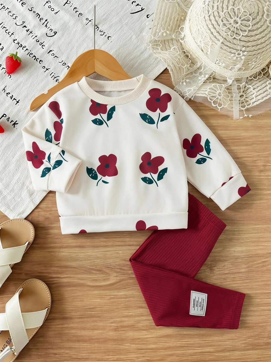 SHEIN Vintaside Kids 女嬰秋冬花卉印花羅紋圓領運動衫與羅紋內搭褲套裝，舒適時尚橘紅色可愛風 - 酒紅色 - 查看 1