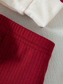 SHEIN Vintaside Kids 女嬰秋冬花卉印花羅紋圓領運動衫與羅紋內搭褲套裝，舒適時尚橘紅色可愛風 - 酒紅色 - 查看 6