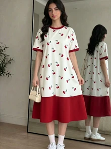 青少年女孩休閒可愛簡約短袖中長洋裝，適合春夏，白色正式生日禮服 - 彩色 - 查看 1