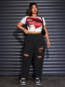 SHEIN ICON 大尺碼女士直筒牛仔褲，配有口袋和破洞 - 黑色 - 查看 3