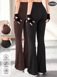 SHEIN Velisys 2pcs/Set Regular Long Pants/Basic Style/Black+Brown+Sports Long Pants+Fitness/Yoga - Multicolor - View 1