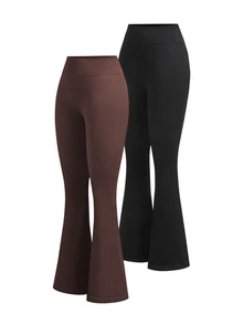SHEIN Velisys 2pcs/Set Regular Long Pants/Basic Style/Black+Brown+Sports Long Pants+Fitness/Yoga - Multicolor - View 5