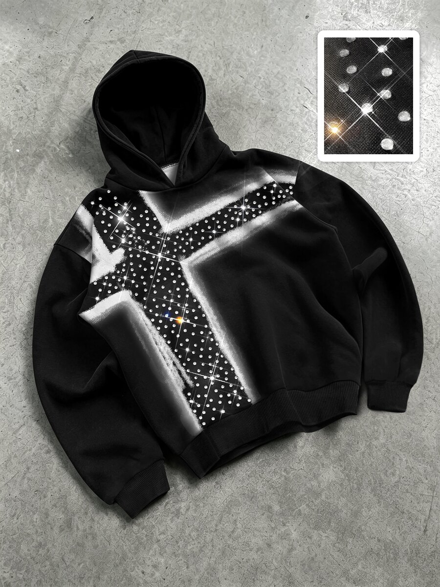 ROMWE MEN Street Life Men's Dark Cross Print Rhinestone Gothic Loose Fit Hoodie - Multicolor - View 1