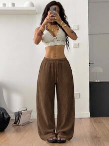 Coolane 女款棕色四季通用秋季休閒沙灘度假長褲 波希米亞復古棉質彈性腰頭紋理中腰寬鬆款 適合鄉村音樂會度假 - 棕色 - 查看 3