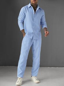 Manfinity CasualCool Men's Striped Single-Breasted Shirt And Trousers Casual Set - Blue and White - View 4