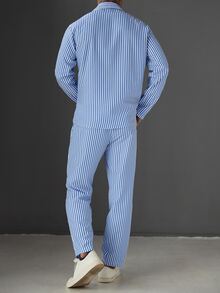 Manfinity CasualCool Men's Striped Single-Breasted Shirt And Trousers Casual Set - Blue and White - View 2