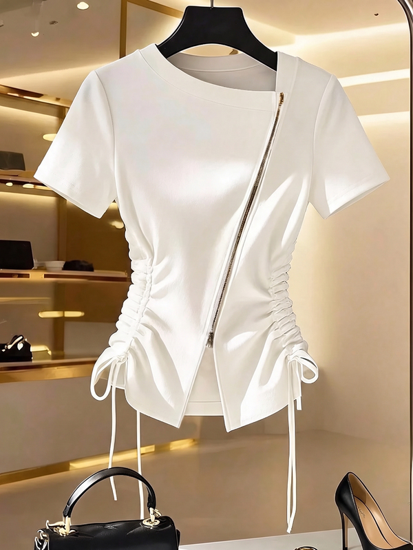 GlowEve CURVE Women's Fashion Elegant Short Sleeve Small V-Neck Double Zipper Waist-Cinched Ruched Drawstring T-Shirt, Suitable For Daily, Commute, Home Wear