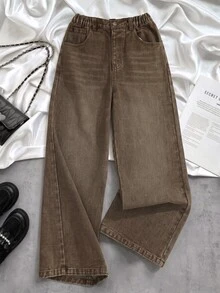 SHEIN 女童牛仔長褲，夏季新品，咖啡棕色，直筒寬腿鬆弛版型，輕盈柔軟面料，休閒風格，適合四季穿著 - 咖啡棕 - 查看 1