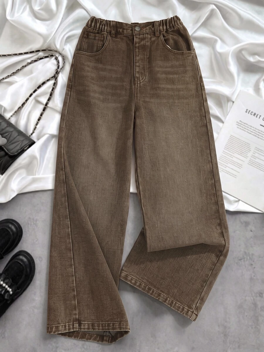 SHEIN 女童牛仔長褲,夏季新品,咖啡棕色,直筒寬腿鬆弛版型,輕盈柔軟面料,休閒風格,適合四季穿著 - 咖啡棕 - 查看 1