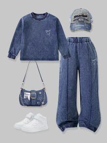 Girls Spring/Autumn Denim Knit 2-Piece Set, Top With Round Neck Long Sleeve Cropped Design, Ribbed Cuffs, White Bow Embroidery On Left Chest, Matching Wide Leg Pants With White Bow Embroidery, Washed Distressed Texture, Vintage Casual Style, Suitable For Spring/Autumn Wear - Dark Wash - View 6