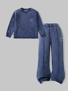 Girls Spring/Autumn Denim Knit 2-Piece Set, Top With Round Neck Long Sleeve Cropped Design, Ribbed Cuffs, White Bow Embroidery On Left Chest, Matching Wide Leg Pants With White Bow Embroidery, Washed Distressed Texture, Vintage Casual Style, Suitable For Spring/Autumn Wear - Dark Wash - View 7