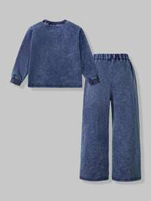 Girls Spring/Autumn Denim Knit 2-Piece Set, Top With Round Neck Long Sleeve Cropped Design, Ribbed Cuffs, White Bow Embroidery On Left Chest, Matching Wide Leg Pants With White Bow Embroidery, Washed Distressed Texture, Vintage Casual Style, Suitable For Spring/Autumn Wear - Dark Wash - View 5