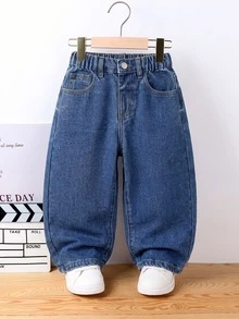 Genkimix Kids Young Boy Elastic Waist Straight Leg Jeans - Medium Wash - View 3