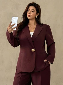 Auralis New Autumn/Winter Plus Size Elegant Commute High-End Occasion Purple-Red Long Sleeve Metal Button Decor Blazer/Party/Birthday Banquet Fall/Winter - Red Violet - View 6