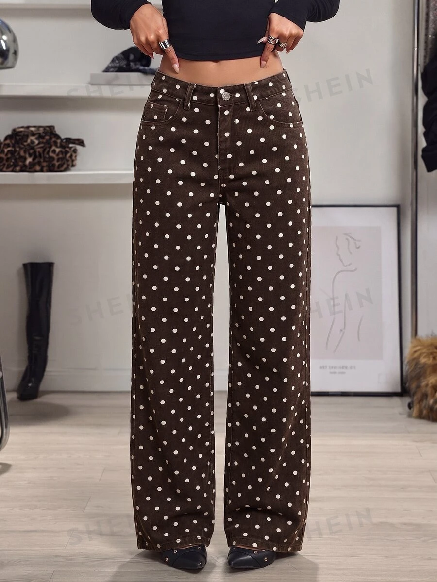 SHEIN Tall Women's Polka Dot Pattern Washed Straight Leg Jeans - Multicolor - View 1