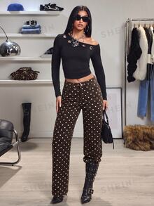 SHEIN Tall Women's Polka Dot Pattern Washed Straight Leg Jeans - Multicolor - View 6