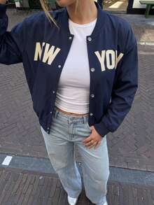 Solavibe Plus Size Navy Blue NEW YORK Letter Print Varsity Bomber Jacket For Campus Street Style Daily Wear Baseball Jacket Autumn Outfit Office Formal Fall - Navy Blue - View 5