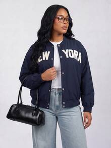 Solavibe Plus Size Navy Blue NEW YORK Letter Print Varsity Bomber Jacket For Campus Street Style Daily Wear Baseball Jacket Autumn Outfit Office Formal Fall - Navy Blue - View 6