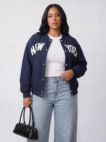 Solavibe Plus Size Navy Blue NEW YORK Letter Print Varsity Bomber Jacket For Campus Street Style Daily Wear Baseball Jacket Autumn Outfit Office Formal Fall - Navy Blue - View 8