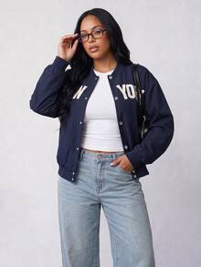 Solavibe Plus Size Navy Blue NEW YORK Letter Print Varsity Bomber Jacket For Campus Street Style Daily Wear Baseball Jacket Autumn Outfit Office Formal Fall - Navy Blue - View 3