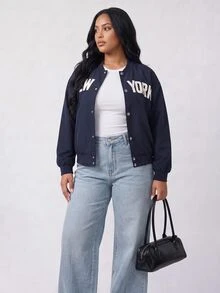 Solavibe Plus Size Navy Blue NEW YORK Letter Print Varsity Bomber Jacket For Campus Street Style Daily Wear Baseball Jacket Autumn Outfit Office Formal Fall - Navy Blue - View 9