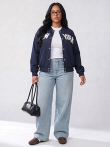 Solavibe Plus Size Navy Blue NEW YORK Letter Print Varsity Bomber Jacket For Campus Street Style Daily Wear Baseball Jacket Autumn Outfit Office Formal Fall - Navy Blue - View 4