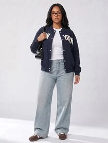 Solavibe Plus Size Navy Blue NEW YORK Letter Print Varsity Bomber Jacket For Campus Street Style Daily Wear Baseball Jacket Autumn Outfit Office Formal Fall - Navy Blue - View 7