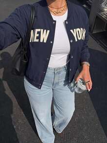 Solavibe Plus Size Navy Blue NEW YORK Letter Print Varsity Bomber Jacket For Campus Street Style Daily Wear Baseball Jacket Autumn Outfit Office Formal Fall - Navy Blue - View 1