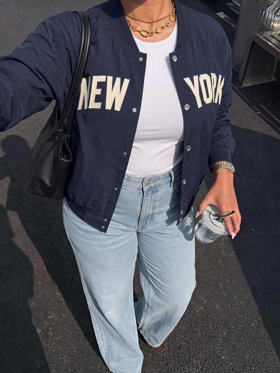 Solavibe Plus Size Navy Blue NEW YORK Letter Print Varsity Bomber Jacket For Campus Street Style Daily Wear Baseball Jacket Autumn Outfit Office Formal Fall - Navy Blue - View 1