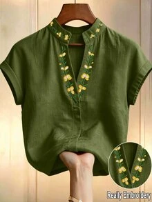 SHEIN LUNE 女款夏季復古刺繡立領短袖襯衫，溫柔風V領花卉上衣，修身百搭通勤度假風 - 軍綠色 - 查看 2