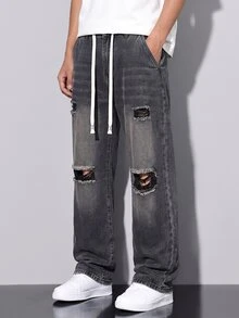 Manfinity Denimwave 男士黑色做舊抽繩牛仔褲休閒寬鬆寬腿長褲 - 黑色 - 查看 4