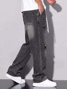 Manfinity Denimwave 男士黑色做舊抽繩牛仔褲休閒寬鬆寬腿長褲 - 黑色 - 查看 6