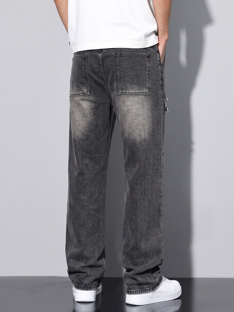 Manfinity Denimwave Men's Black Distressed Drawstring Denim Jeans Casual Loose Wide Leg Long Pants - Black - View 2