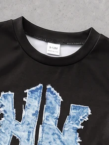 SHEIN Baby Boy Black Crew Neck Short Sleeve Top And Shorts Set, Letter Print On Top, Distressed Ripped Design On Shorts, Cool Black White Blue Color Block, Casual Fit, Perfect For Summer Wear - Multicolor - View 4