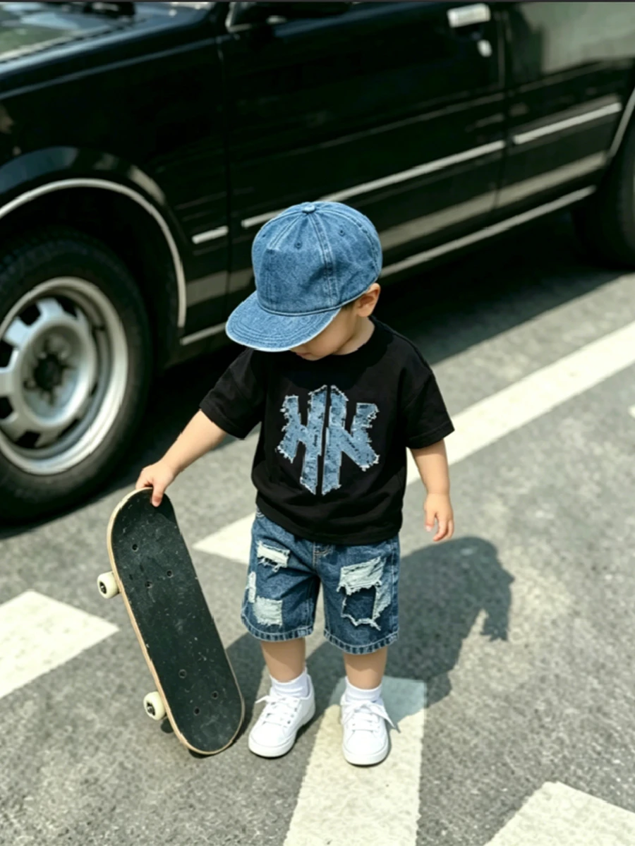 SHEIN Baby Boy Black Crew Neck Short Sleeve Top And Shorts Set, Letter Print On Top, Distressed Ripped Design On Shorts, Cool Black White Blue Color Block, Casual Fit, Perfect For Summer Wear - Multicolor - View 1