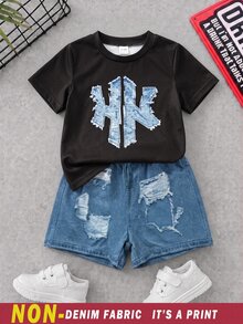SHEIN Baby Boy Black Crew Neck Short Sleeve Top And Shorts Set, Letter Print On Top, Distressed Ripped Design On Shorts, Cool Black White Blue Color Block, Casual Fit, Perfect For Summer Wear - Multicolor - View 7
