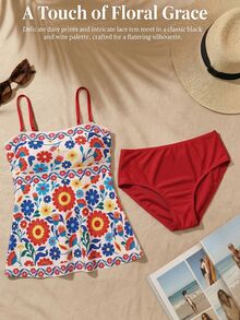 Swim Lushoire Women's High Elastic Green Floral Print Tank Bikini 2-Piece Set, Fresh Green Positioned Print Bandeau Tank Top, Solid Color Triangle Basic Swim Bottoms, Spring Summer Vacation Beach Party Elegant Tank Bikini Set Set - Multicolor - View 3
