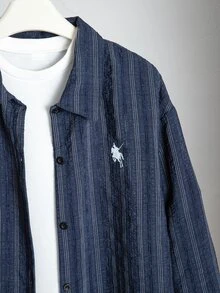 SHEIN 青少年女孩深藍色垂直條紋鈕扣襯衫與配套鬆緊腰寬腿褲 2 件式休閒居家套裝 - 藏蓝色 - 查看 5