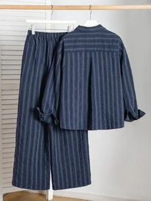SHEIN 青少年女孩深藍色垂直條紋鈕扣襯衫與配套鬆緊腰寬腿褲 2 件式休閒居家套裝 - 藏蓝色 - 查看 8