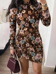 SHEIN LUNE Women's Casual Retro Floral Pattern Round Neck Long Sleeve Dress, Suitable For Spring And Autumn Outings Coffee Brown Dress - Multicolor - View 5