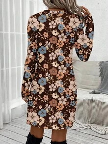SHEIN LUNE Women's Casual Retro Floral Pattern Round Neck Long Sleeve Dress, Suitable For Spring And Autumn Outings Coffee Brown Dress - Multicolor - View 3