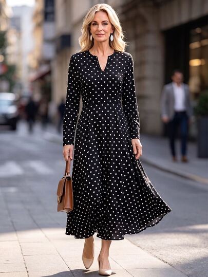 Offisola Women's Elegant Vintage Black And White Polka Dot V-Neck Long Sleeve Dress, Cinched Waist, Draped A-Line Midi Dress, Suitable For Commuting And Mom Wear