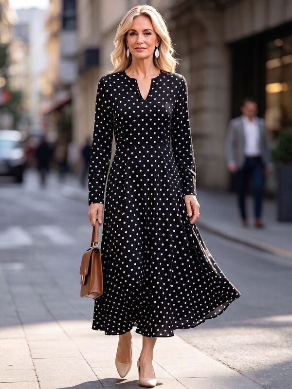 Offisola Women's Elegant Vintage Black And White Polka Dot V-Neck Long Sleeve Dress, Cinched Waist, Draped A-Line Midi Dress, Suitable For Commuting And Mom Wear
