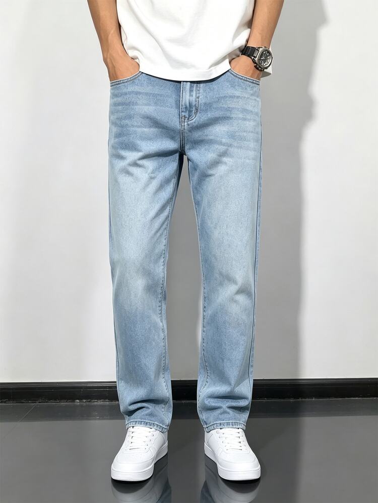 Manfinity Denimwave Men's Vintage Light Blue Washed Wide Leg Denim Jeans, Classic Mid-Waist Non-Stretch Denim Pants, Vintage Distressed Cat Whisker Straight Leg Jeans, Casual Streetwear - Blue - View 5